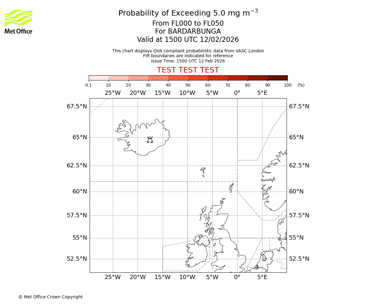 Probability of exceeding 5.0 milligrams per metre cubed. From 000 to 050 for BARDARBUNGA. Valid at 1500 UTC 12/02/2026