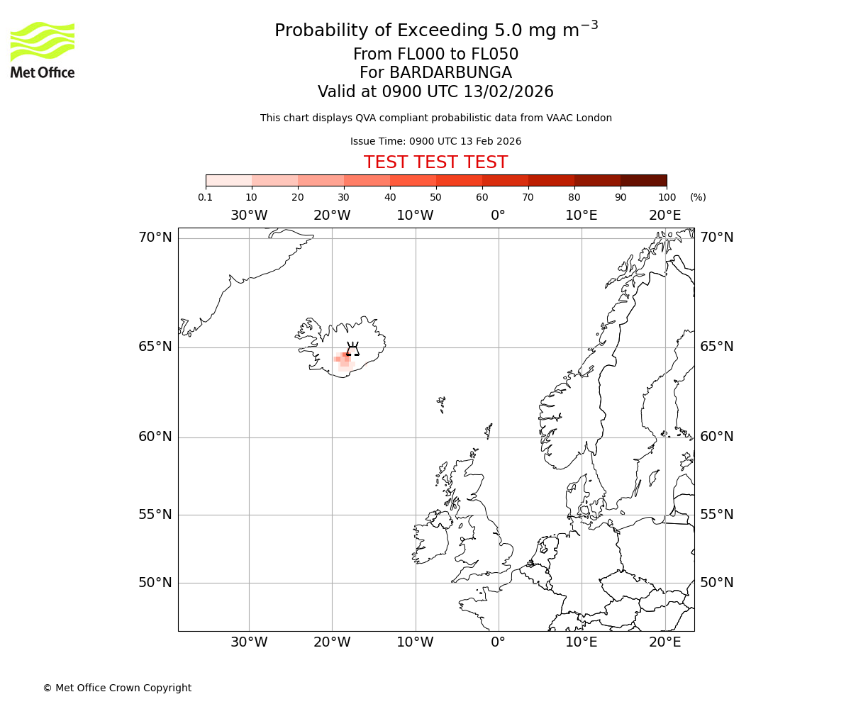 Probability of exceeding 5.0 milligrams per metre cubed. From 000 to 050 for BARDARBUNGA. Valid at 0900 UTC 13/02/2026