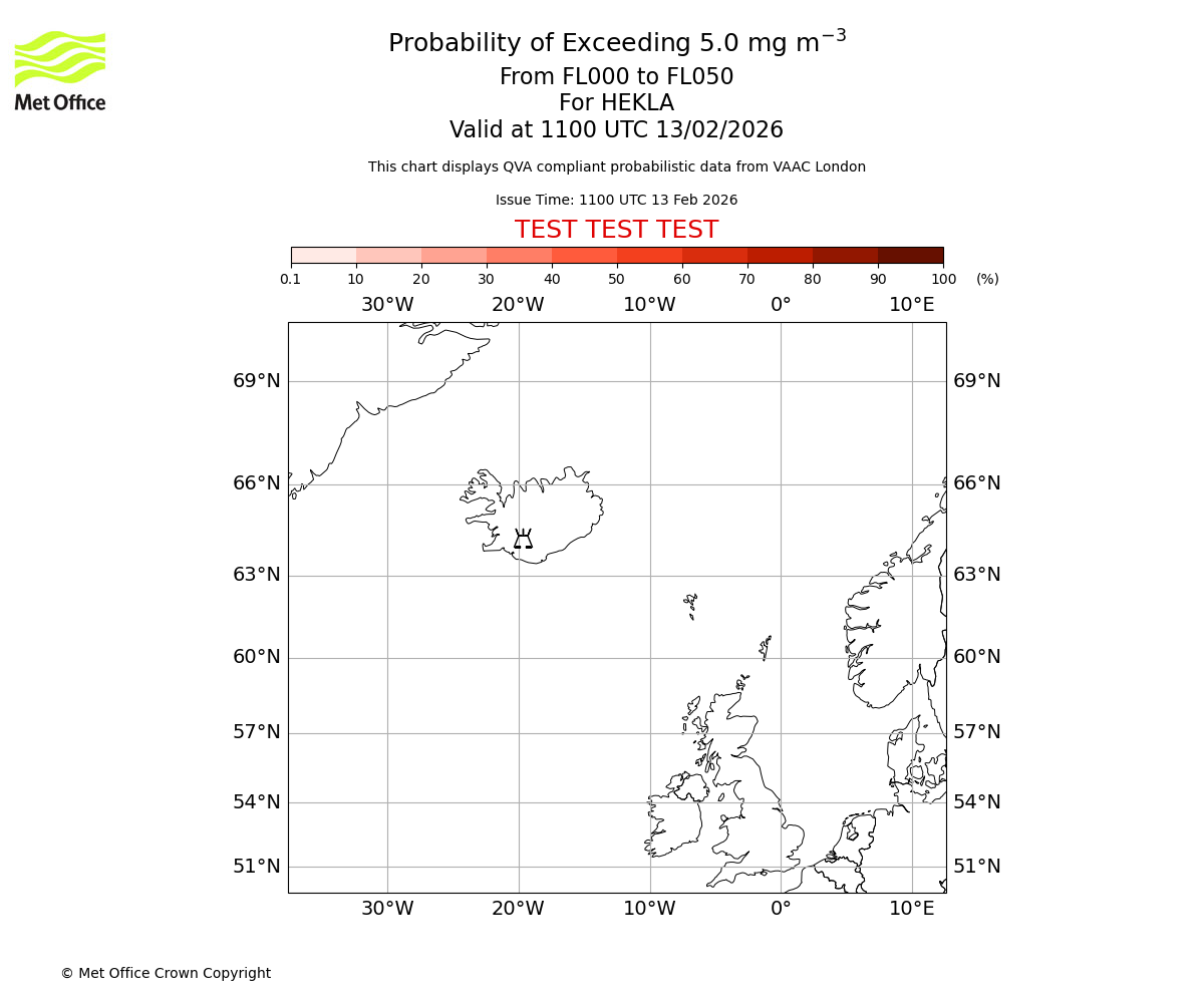 Probability of exceeding 5.0 milligrams per metre cubed. From 000 to 050 for HEKLA. Valid at 1100 UTC 13/02/2026