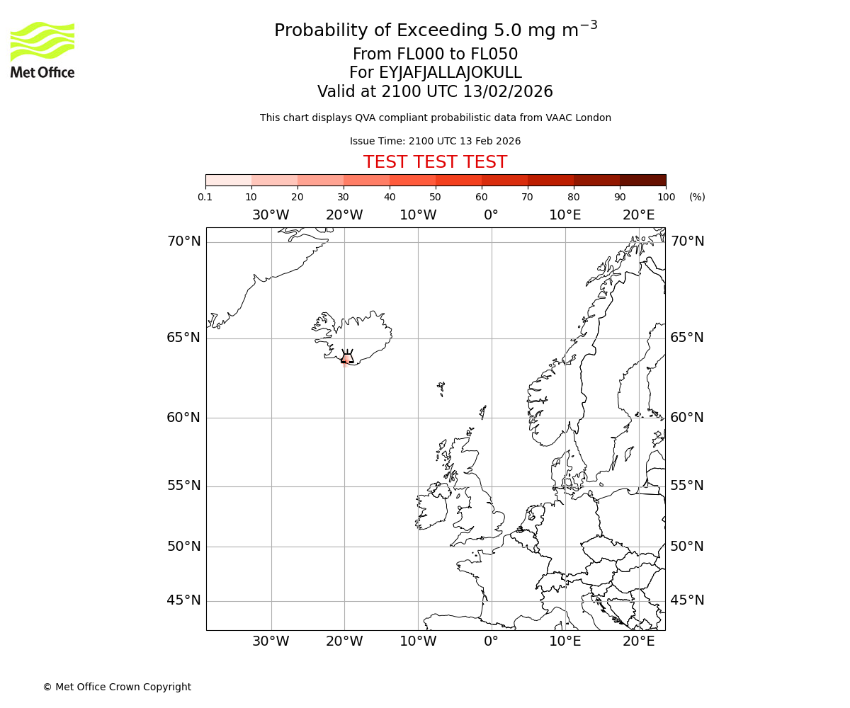 Probability of exceeding 5.0 milligrams per metre cubed. From 000 to 050 for EYJAFJALLAJOKULL. Valid at 2100 UTC 13/02/2026