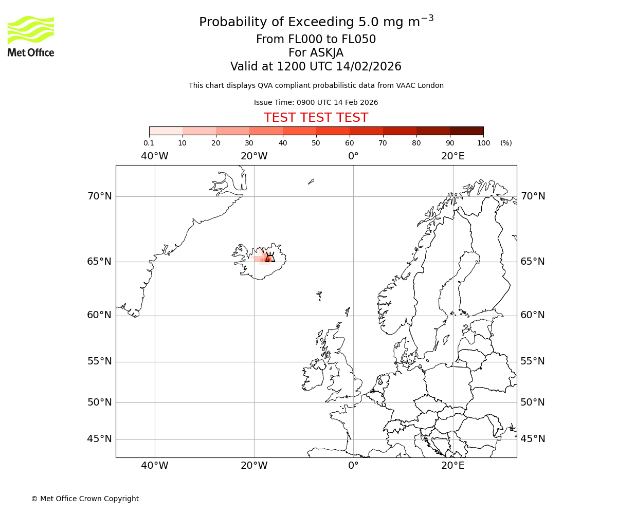 Probability of exceeding 5.0 milligrams per metre cubed. From 000 to 050 for ASKJA. Valid at 1200 UTC 14/02/2026