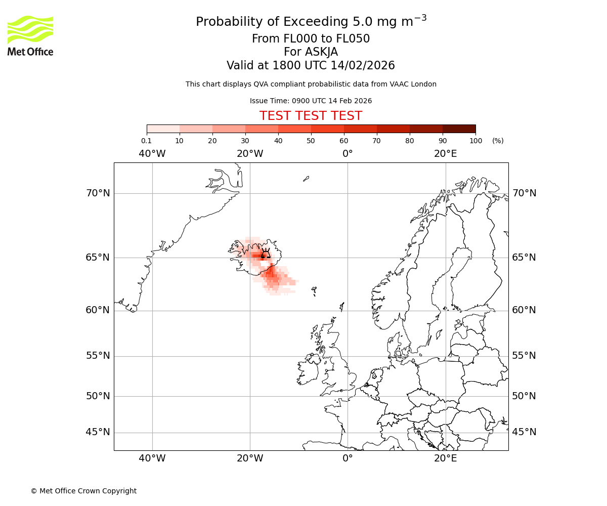 Probability of exceeding 5.0 milligrams per metre cubed. From 000 to 050 for ASKJA. Valid at 1800 UTC 14/02/2026