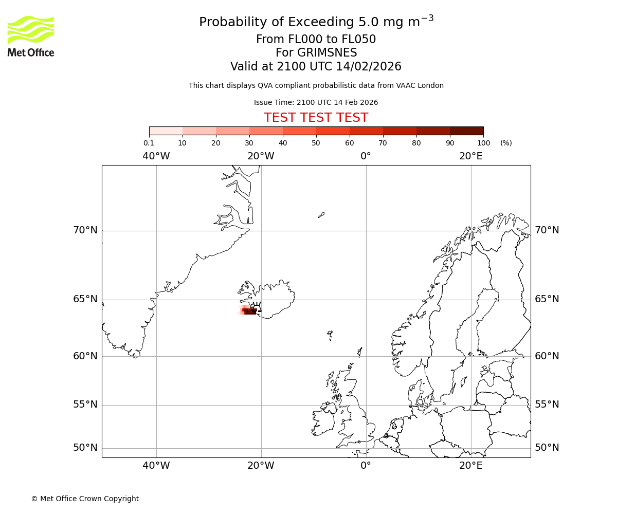 Probability of exceeding 5.0 milligrams per metre cubed. From 000 to 050 for GRIMSNES. Valid at 2100 UTC 14/02/2026