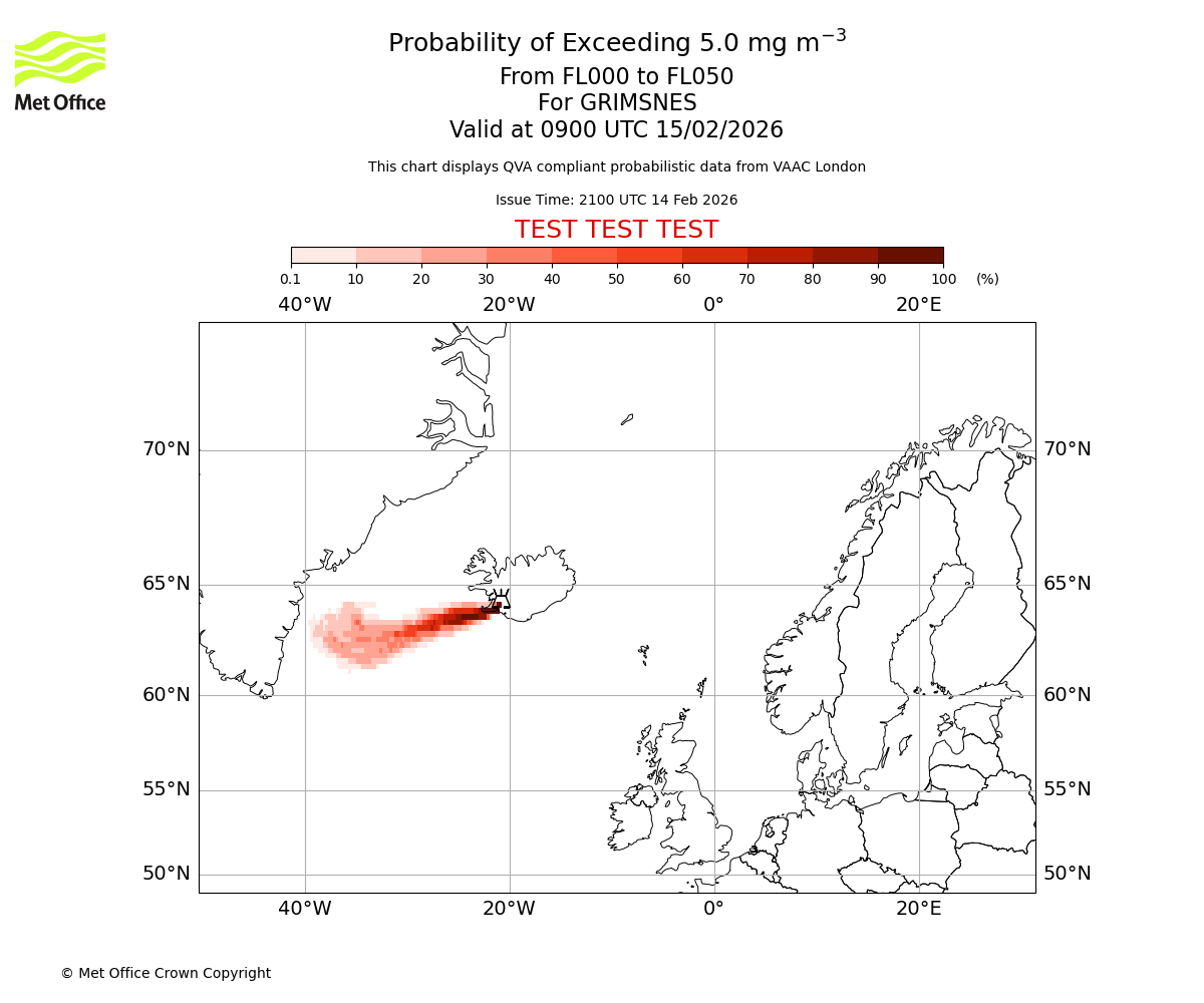 Probability of exceeding 5.0 milligrams per metre cubed. From 000 to 050 for GRIMSNES. Valid at 0900 UTC 15/02/2026