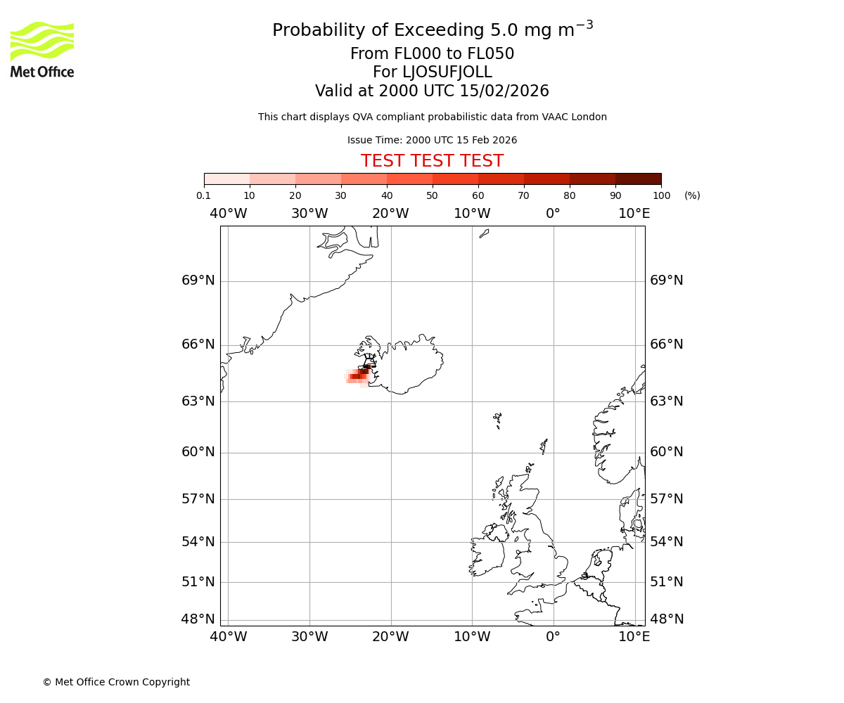 Probability of exceeding 5.0 milligrams per metre cubed. From 000 to 050 for LJOSUFJOLL. Valid at 2000 UTC 15/02/2026