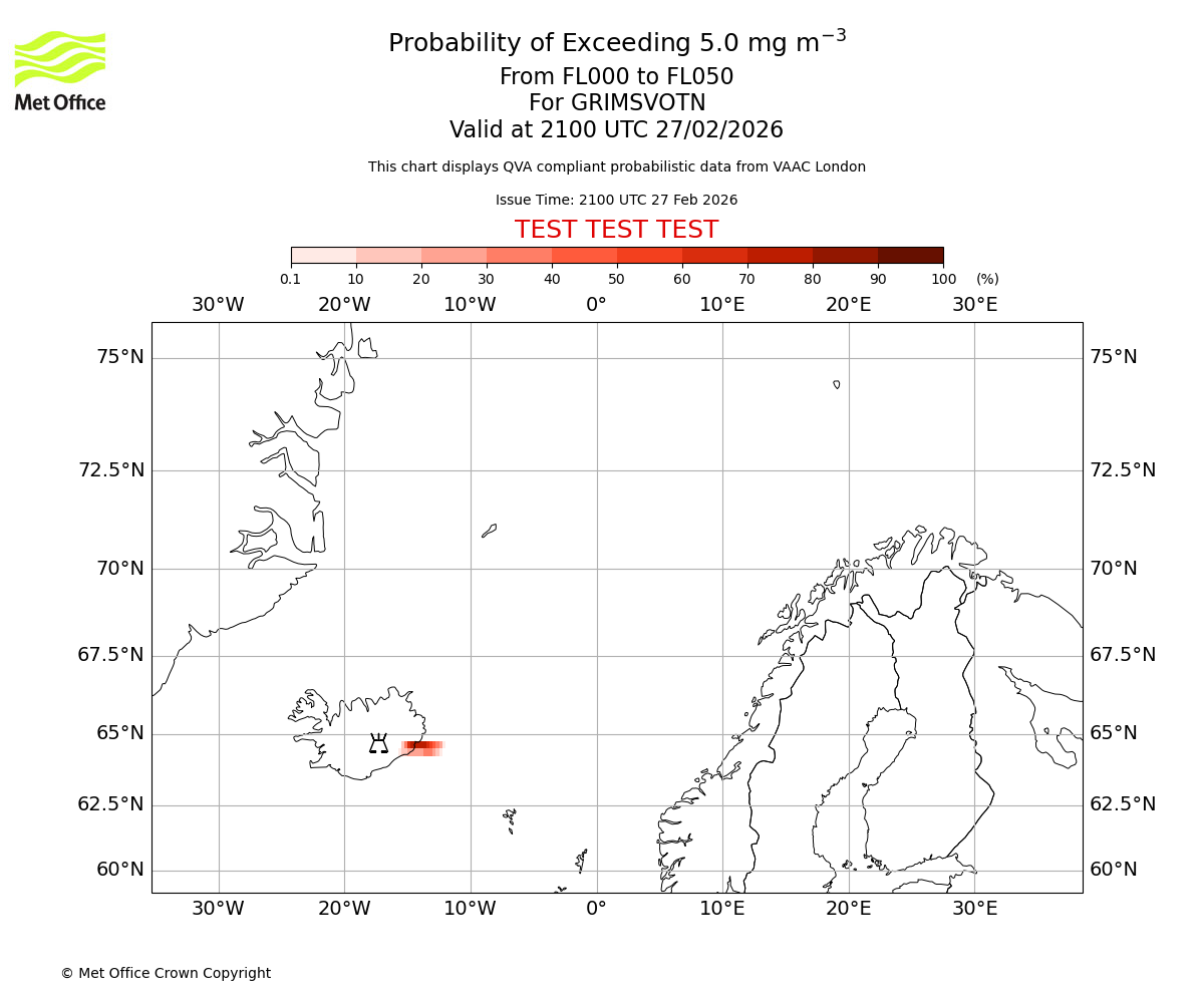 Probability of exceeding 5.0 milligrams per metre cubed. From 000 to 050 for GRIMSVOTN. Valid at 2100 UTC 27/02/2026
