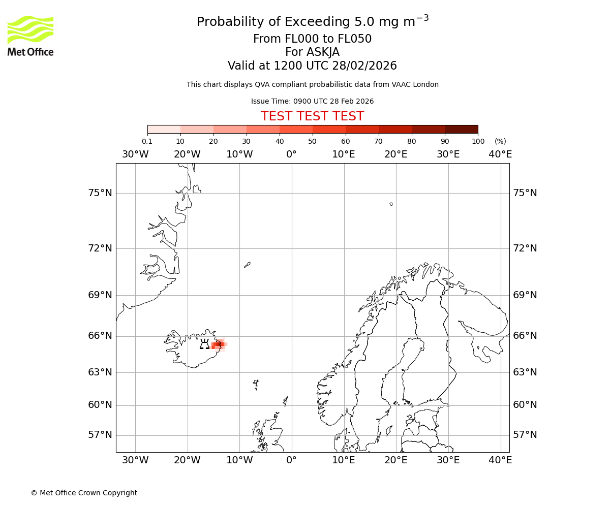Probability of exceeding 5.0 milligrams per metre cubed. From 000 to 050 for ASKJA. Valid at 1200 UTC 28/02/2026