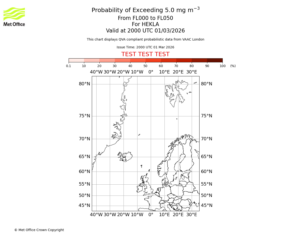 Probability of exceeding 5.0 milligrams per metre cubed. From 000 to 050 for HEKLA. Valid at 2000 UTC 01/03/2026