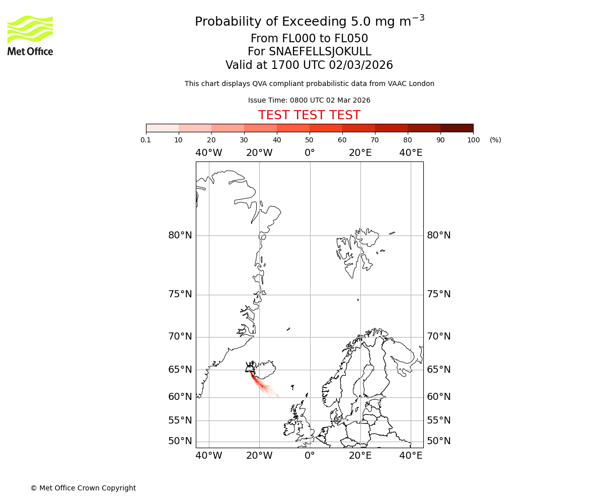 Probability of exceeding 5.0 milligrams per metre cubed. From 000 to 050 for SNAEFELLSJOKULL. Valid at 1700 UTC 02/03/2026