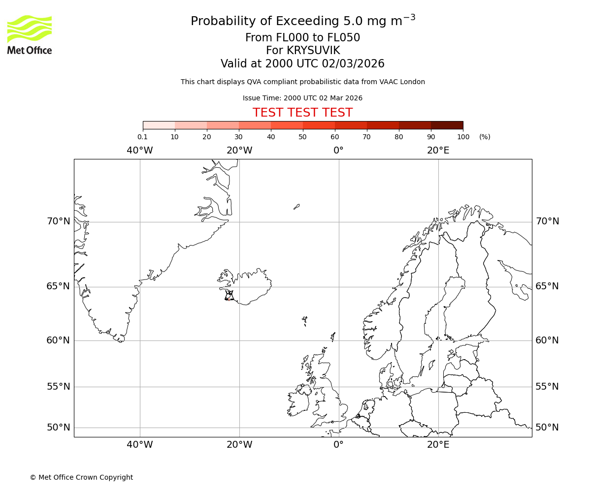 Probability of exceeding 5.0 milligrams per metre cubed. From 000 to 050 for KRYSUVIK. Valid at 2000 UTC 02/03/2026