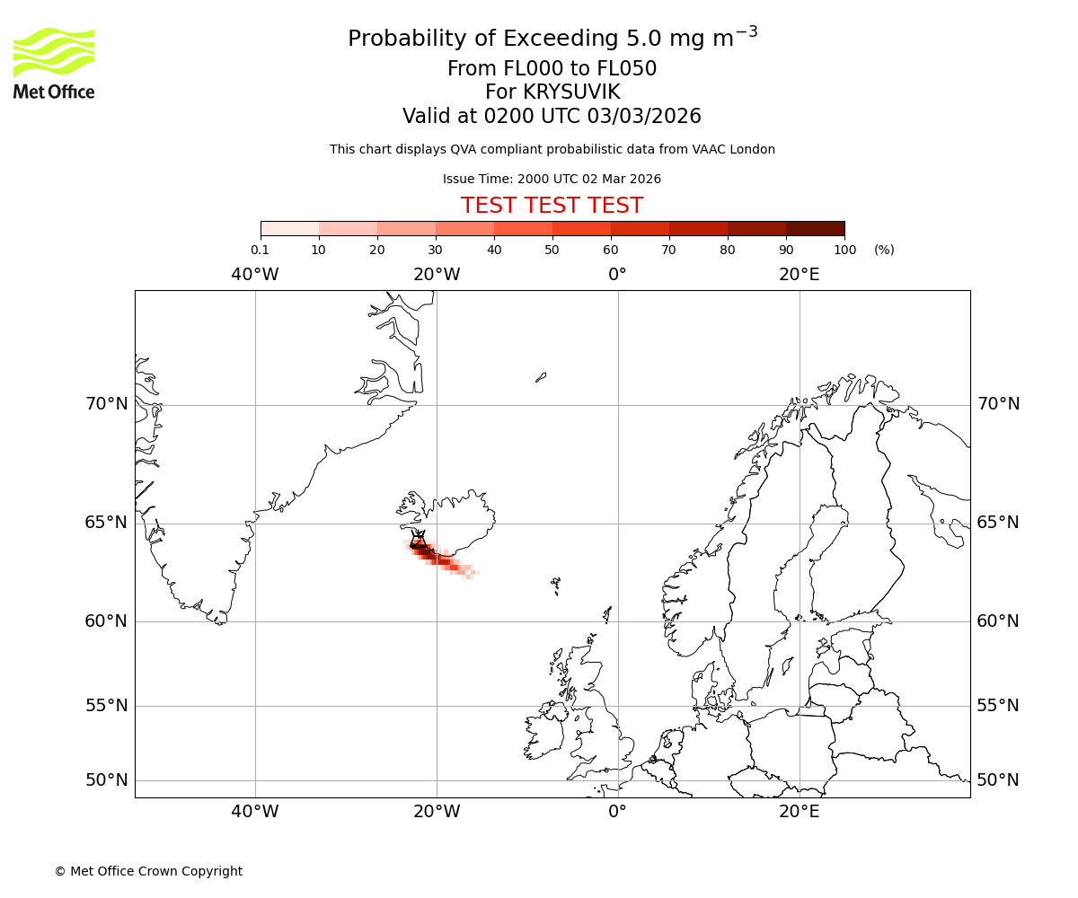 Probability of exceeding 5.0 milligrams per metre cubed. From 000 to 050 for KRYSUVIK. Valid at 0200 UTC 03/03/2026