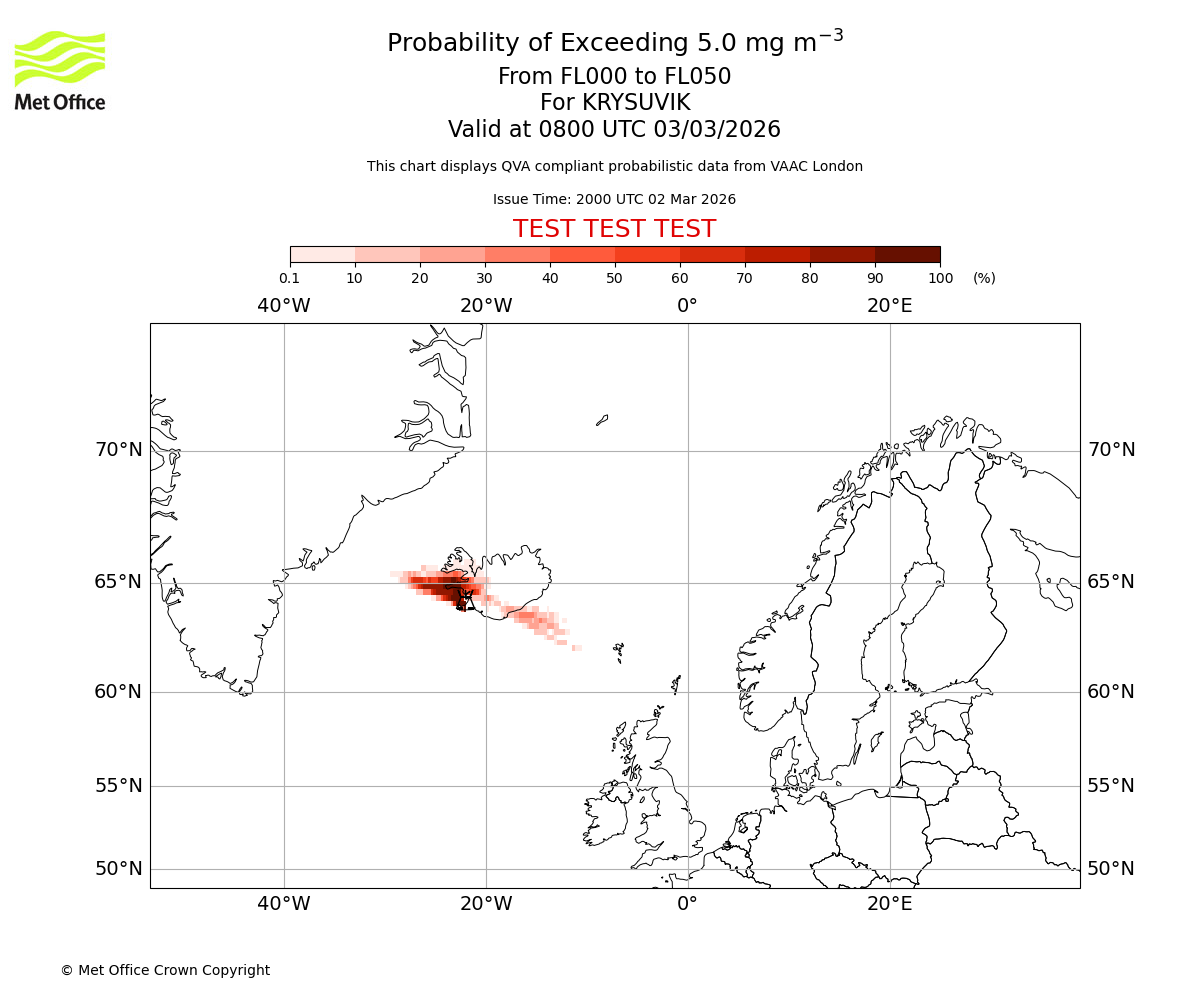 Probability of exceeding 5.0 milligrams per metre cubed. From 000 to 050 for KRYSUVIK. Valid at 0800 UTC 03/03/2026