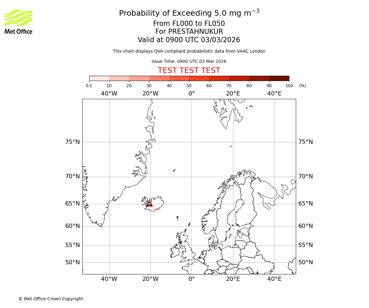 Probability of exceeding 5.0 milligrams per metre cubed. From 000 to 050 for PRESTAHNUKUR. Valid at 0900 UTC 03/03/2026