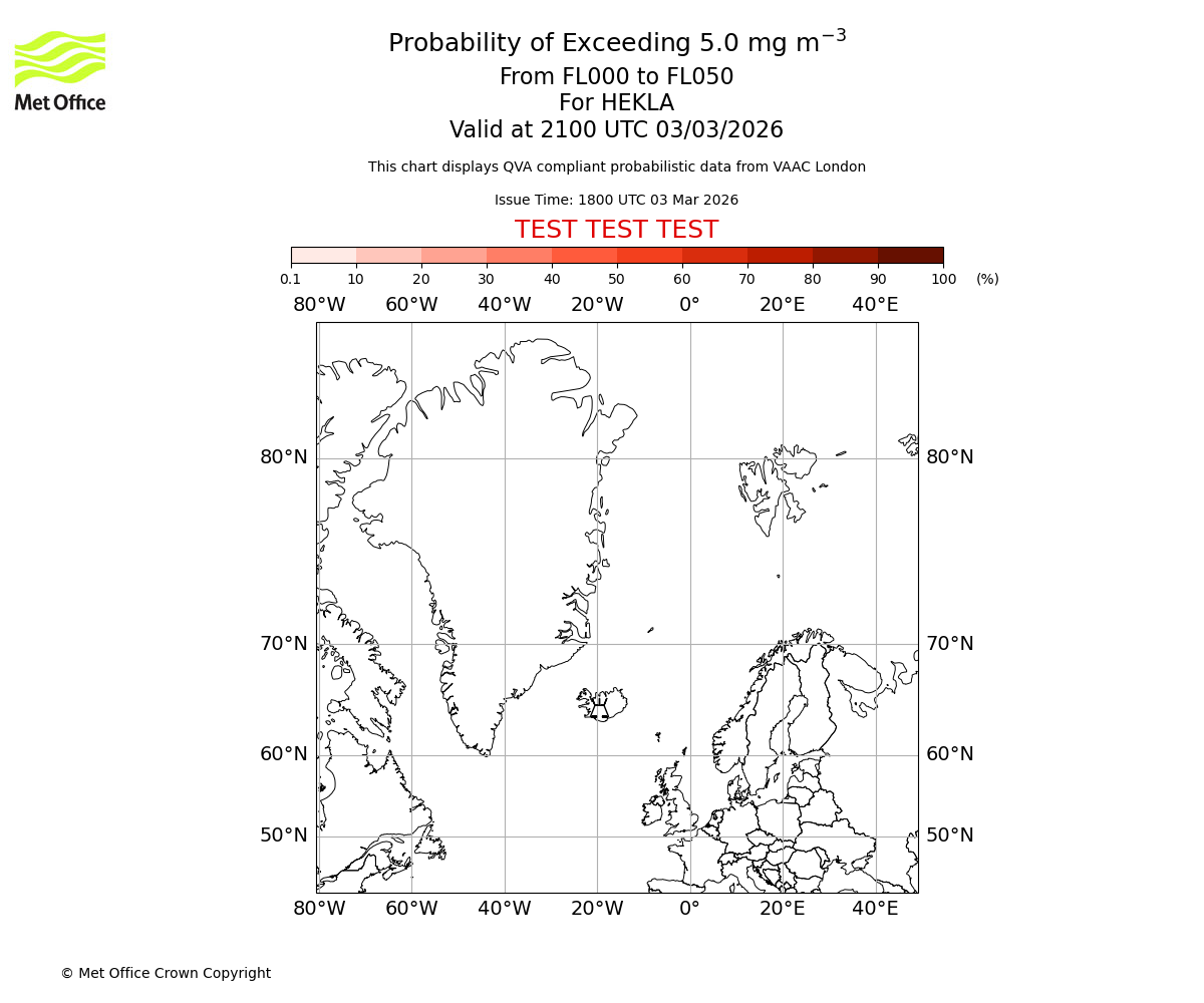 Probability of exceeding 5.0 milligrams per metre cubed. From 000 to 050 for HEKLA. Valid at 2100 UTC 03/03/2026