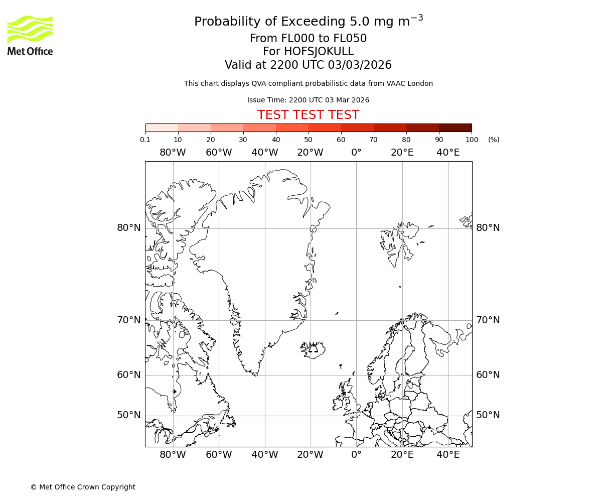 Probability of exceeding 5.0 milligrams per metre cubed. From 000 to 050 for HOFSJOKULL. Valid at 2200 UTC 03/03/2026