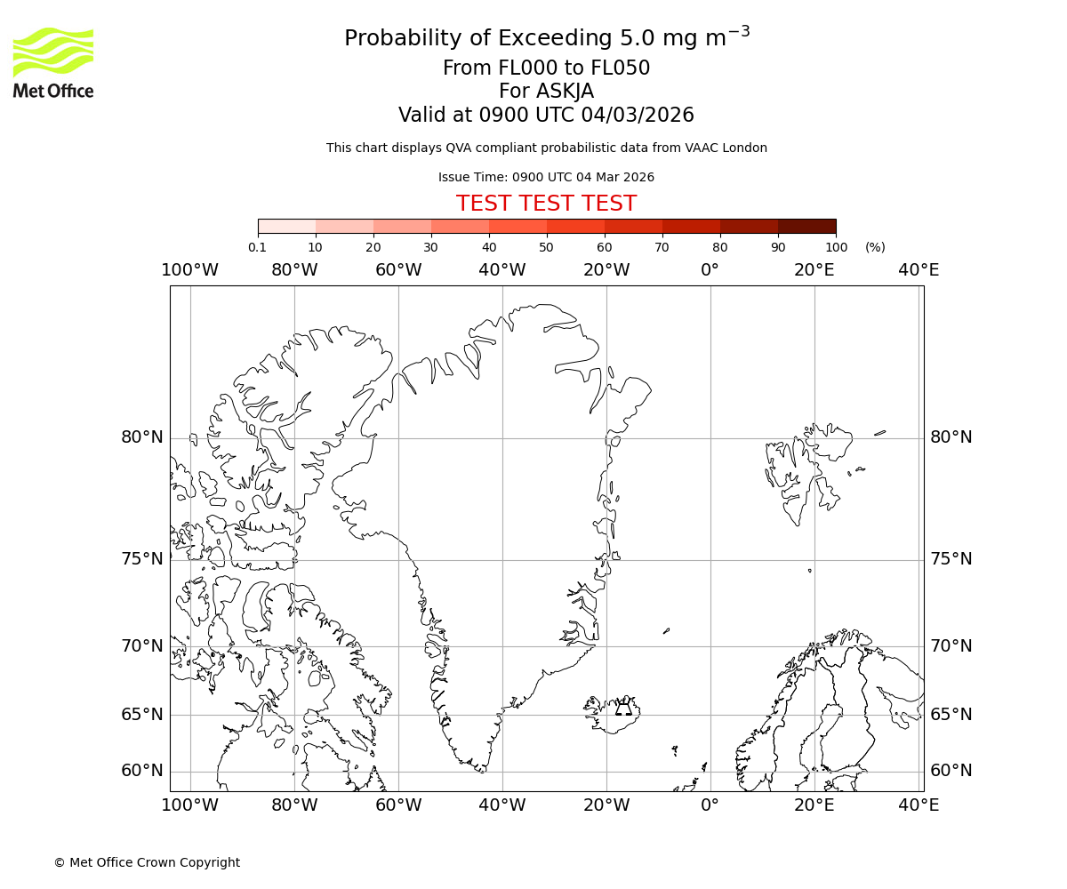 Probability of exceeding 5.0 milligrams per metre cubed. From 000 to 050 for ASKJA. Valid at 0900 UTC 04/03/2026