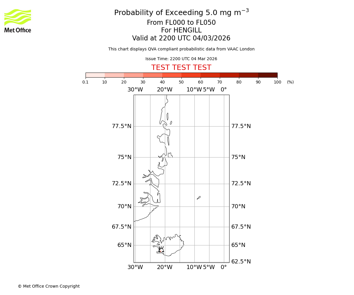 Probability of exceeding 5.0 milligrams per metre cubed. From 000 to 050 for HENGILL. Valid at 2200 UTC 04/03/2026