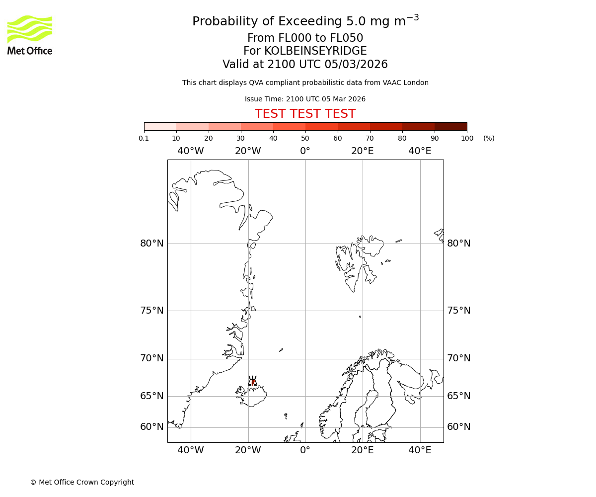 Probability of exceeding 5.0 milligrams per metre cubed. From 000 to 050 for KOLBEINSEYRIDGE. Valid at 2100 UTC 05/03/2026
