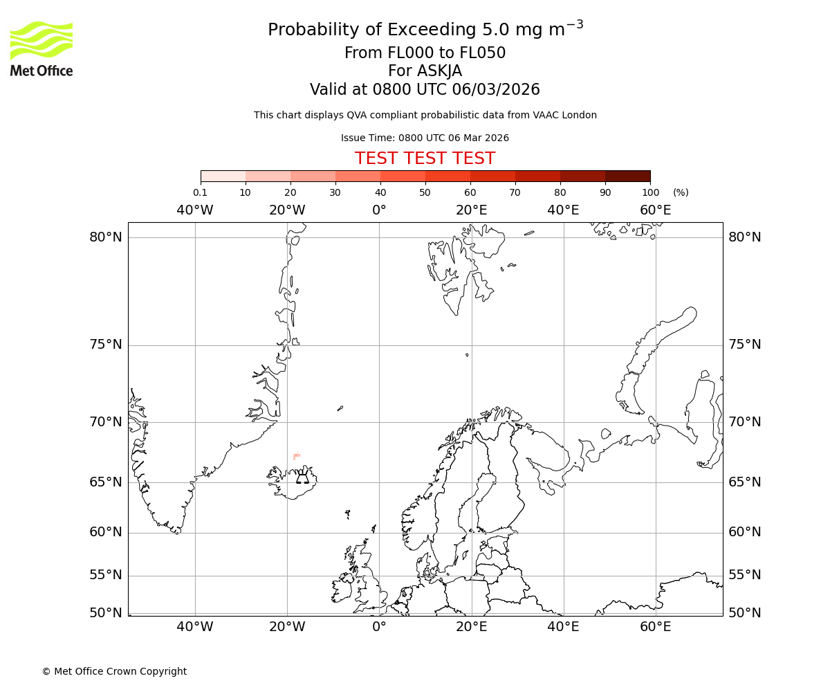 Probability of exceeding 5.0 milligrams per metre cubed. From 000 to 050 for ASKJA. Valid at 0800 UTC 06/03/2026