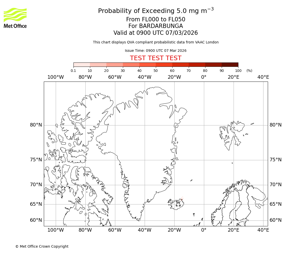 Probability of exceeding 5.0 milligrams per metre cubed. From 000 to 050 for BARDARBUNGA. Valid at 0900 UTC 07/03/2026