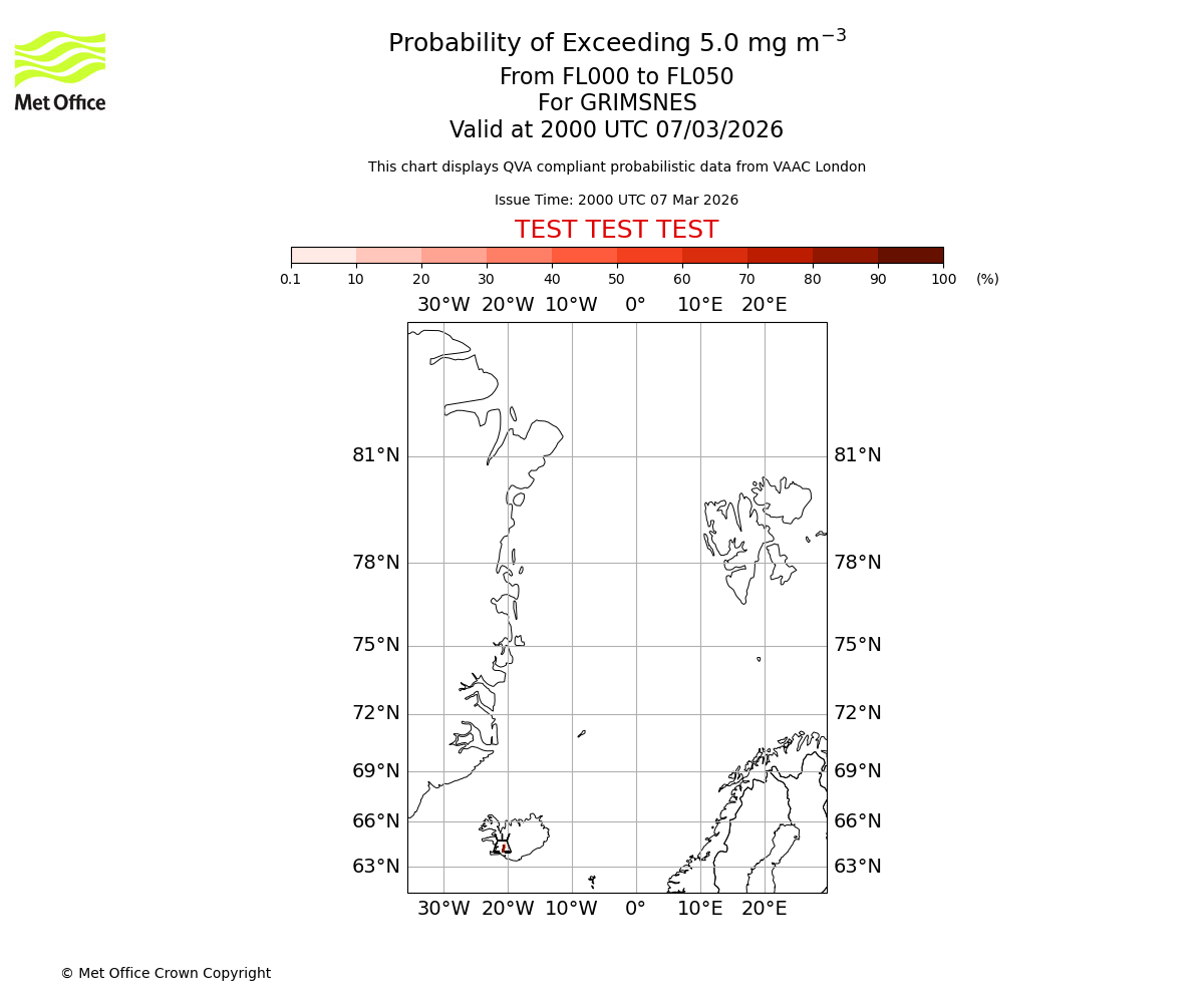 Probability of exceeding 5.0 milligrams per metre cubed. From 000 to 050 for GRIMSNES. Valid at 2000 UTC 07/03/2026