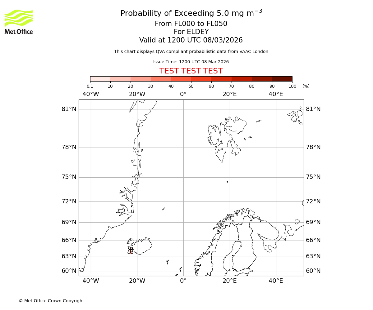 Probability of exceeding 5.0 milligrams per metre cubed. From 000 to 050 for ELDEY. Valid at 1200 UTC 08/03/2026