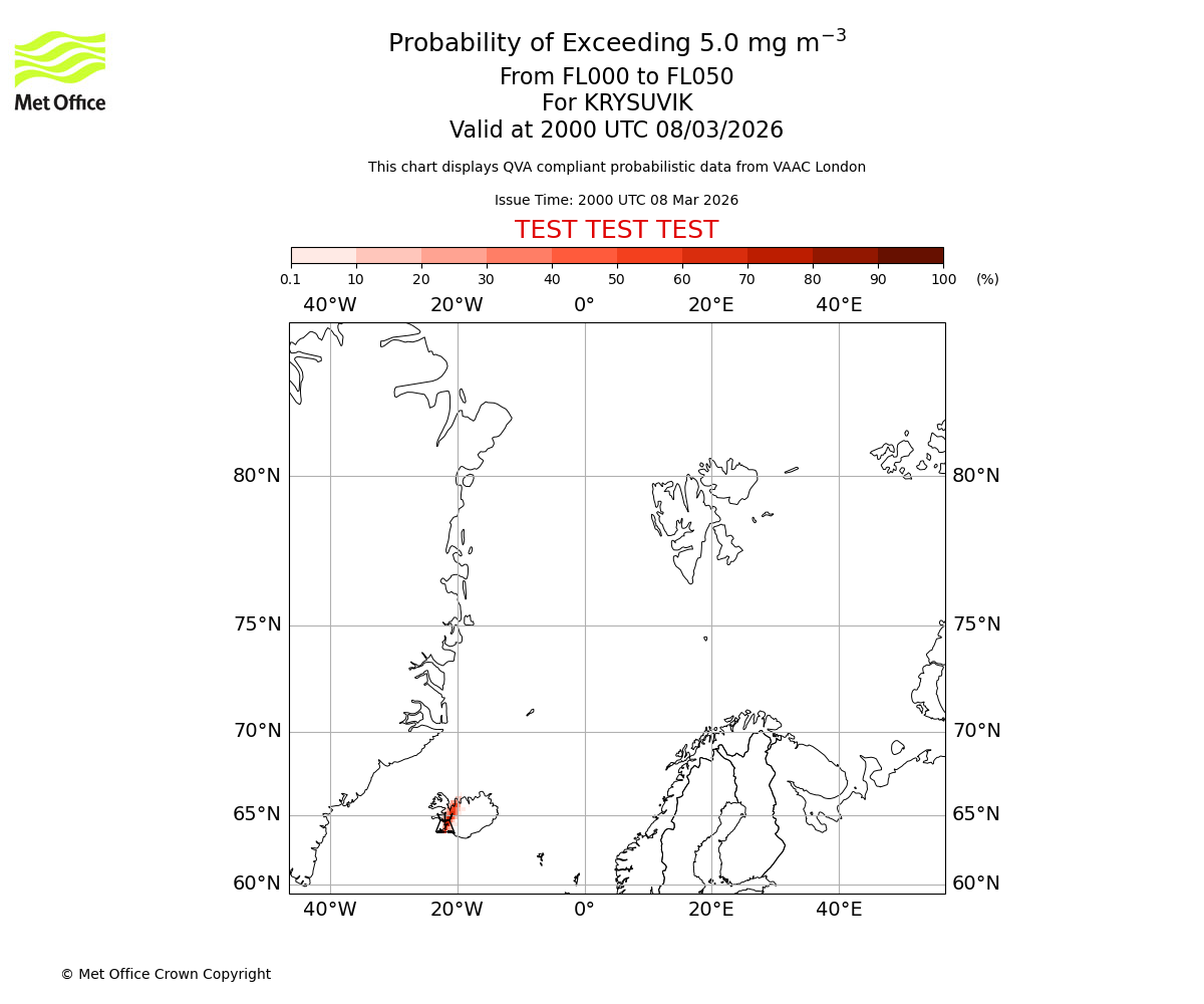 Probability of exceeding 5.0 milligrams per metre cubed. From 000 to 050 for KRYSUVIK. Valid at 2000 UTC 08/03/2026
