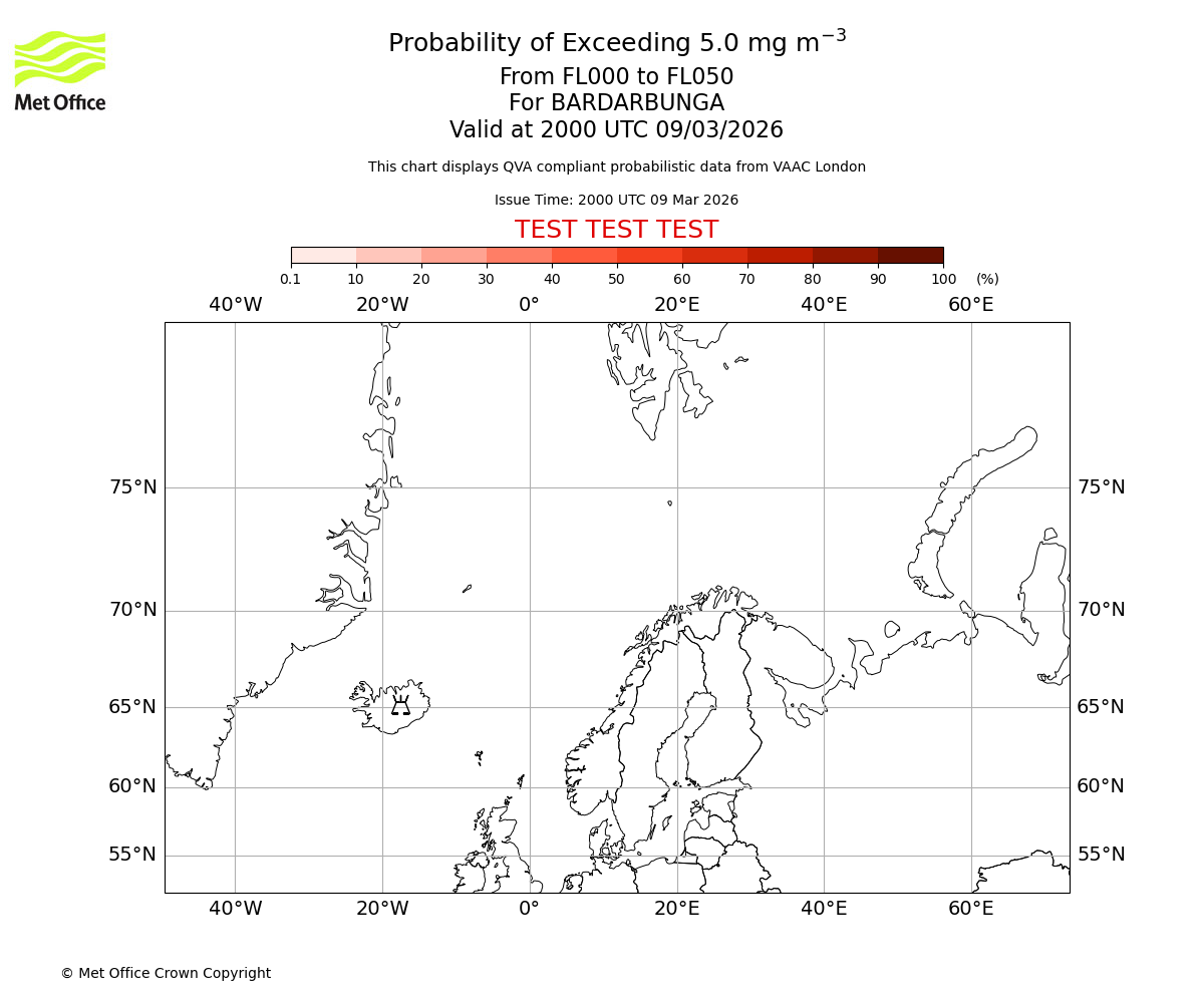 Probability of exceeding 5.0 milligrams per metre cubed. From 000 to 050 for BARDARBUNGA. Valid at 2000 UTC 09/03/2026