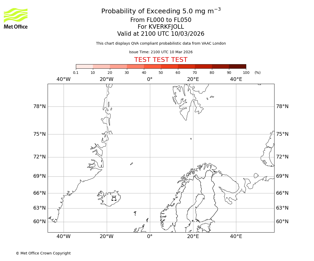 Probability of exceeding 5.0 milligrams per metre cubed. From 000 to 050 for KVERKFJOLL. Valid at 2100 UTC 10/03/2026