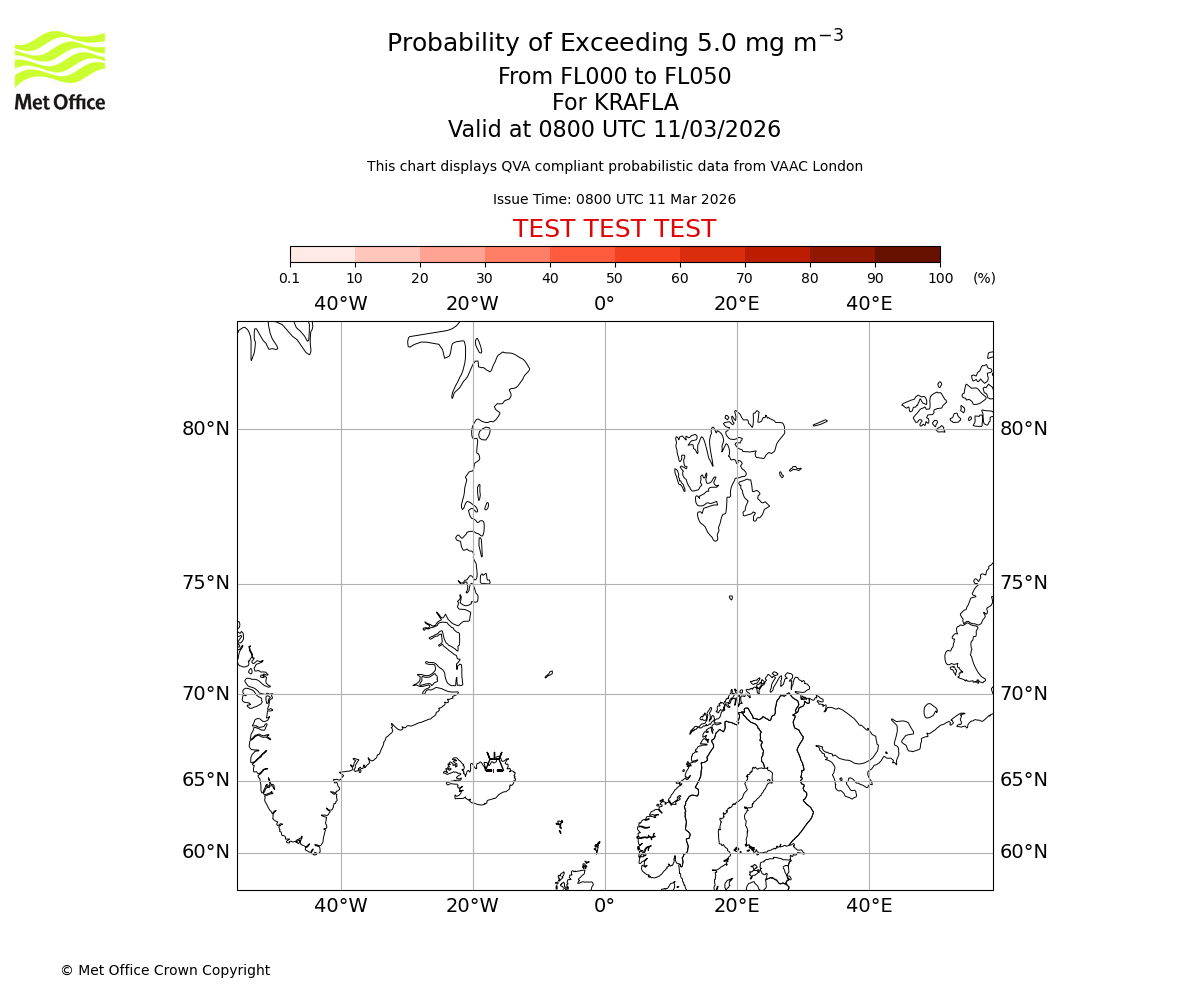 Probability of exceeding 5.0 milligrams per metre cubed. From 000 to 050 for KRAFLA. Valid at 0800 UTC 11/03/2026