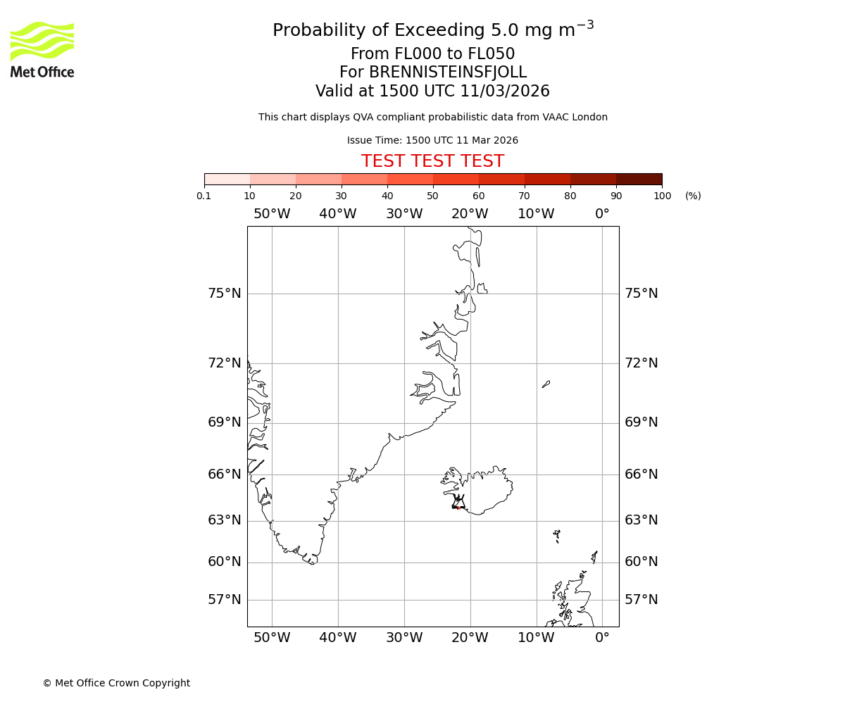 Probability of exceeding 5.0 milligrams per metre cubed. From 000 to 050 for BRENNISTEINSFJOLL. Valid at 1500 UTC 11/03/2026