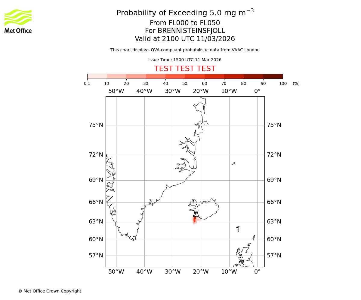 Probability of exceeding 5.0 milligrams per metre cubed. From 000 to 050 for BRENNISTEINSFJOLL. Valid at 2100 UTC 11/03/2026