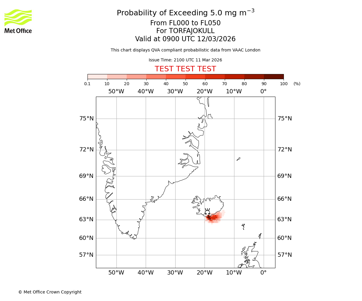 Probability of exceeding 5.0 milligrams per metre cubed. From 000 to 050 for TORFAJOKULL. Valid at 0900 UTC 12/03/2026