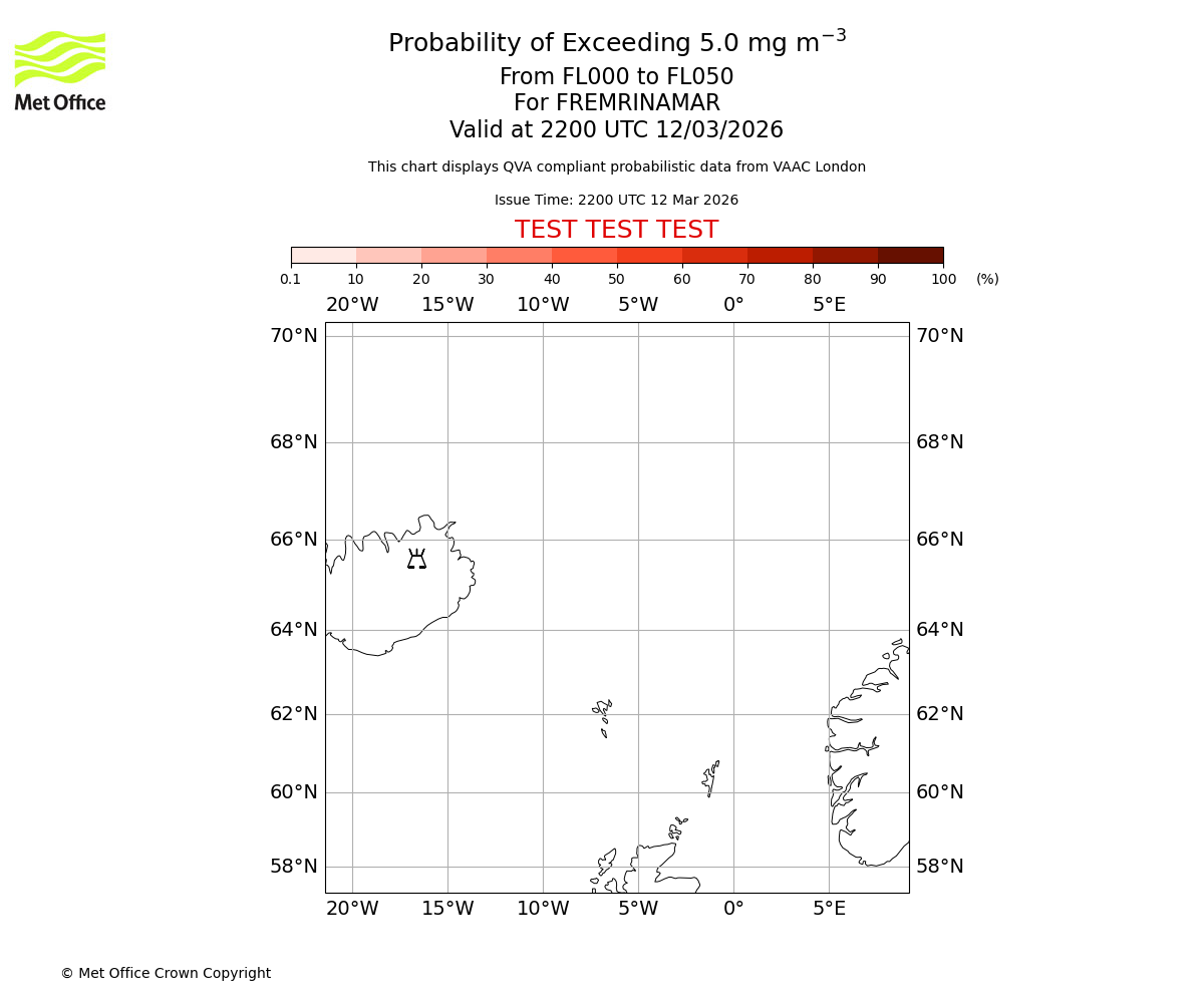 Probability of exceeding 5.0 milligrams per metre cubed. From 000 to 050 for FREMRINAMAR. Valid at 2200 UTC 12/03/2026