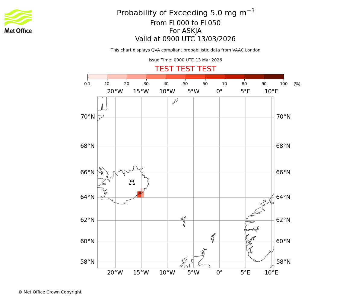 Probability of exceeding 5.0 milligrams per metre cubed. From 000 to 050 for ASKJA. Valid at 0900 UTC 13/03/2026