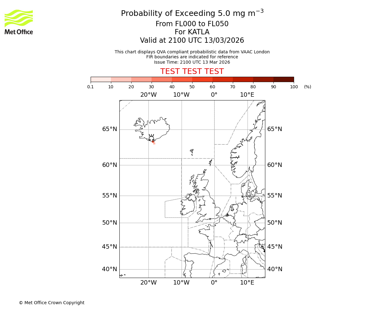 Probability of exceeding 5.0 milligrams per metre cubed. From 000 to 050 for KATLA. Valid at 2100 UTC 13/03/2026
