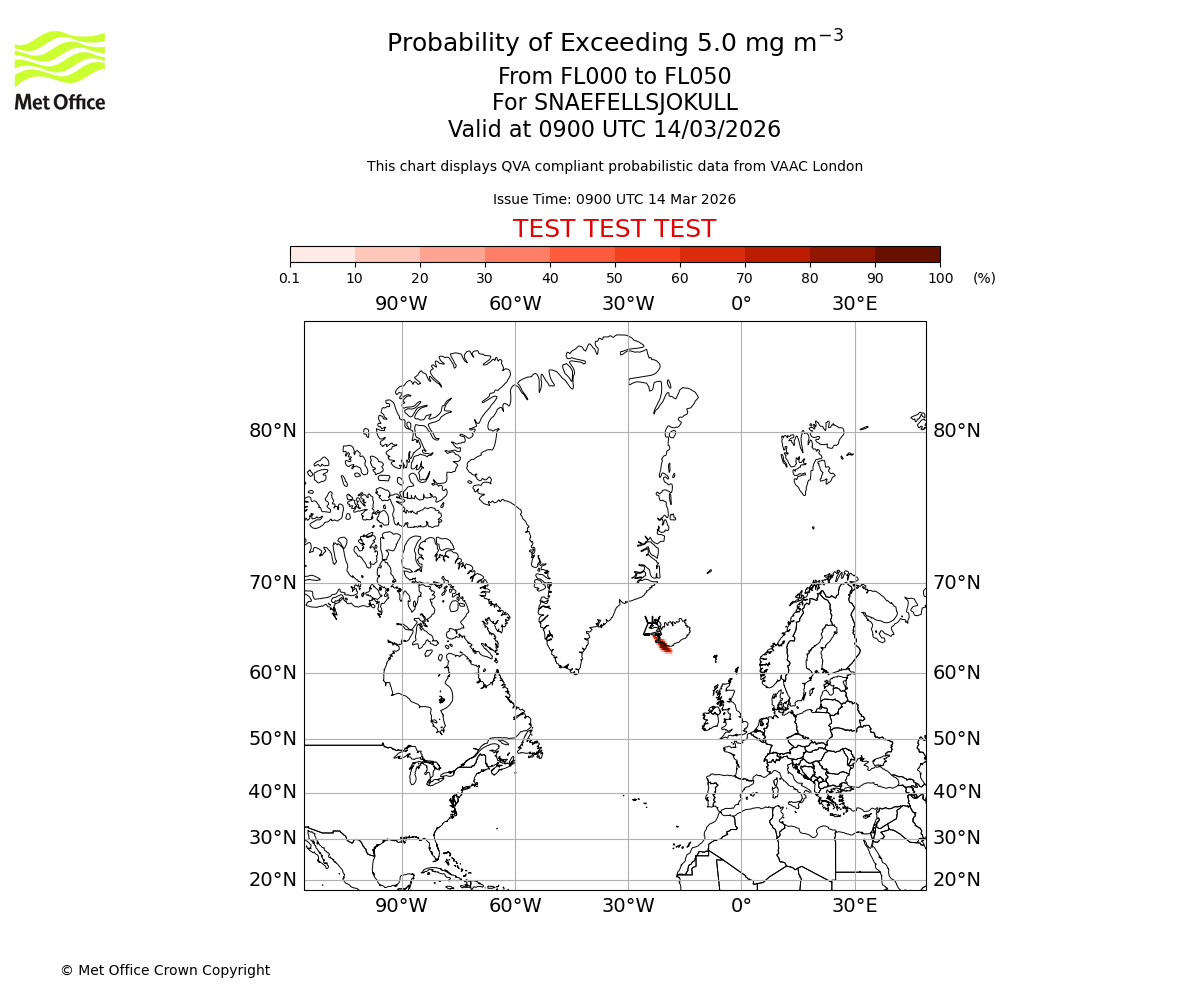 Probability of exceeding 5.0 milligrams per metre cubed. From 000 to 050 for SNAEFELLSJOKULL. Valid at 0900 UTC 14/03/2026