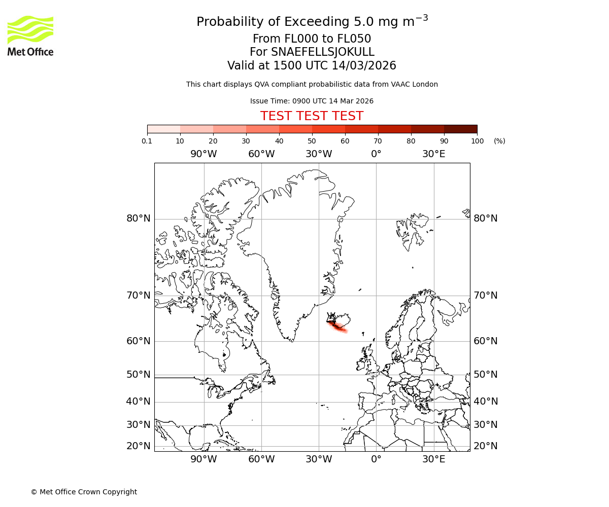 Probability of exceeding 5.0 milligrams per metre cubed. From 000 to 050 for SNAEFELLSJOKULL. Valid at 1500 UTC 14/03/2026