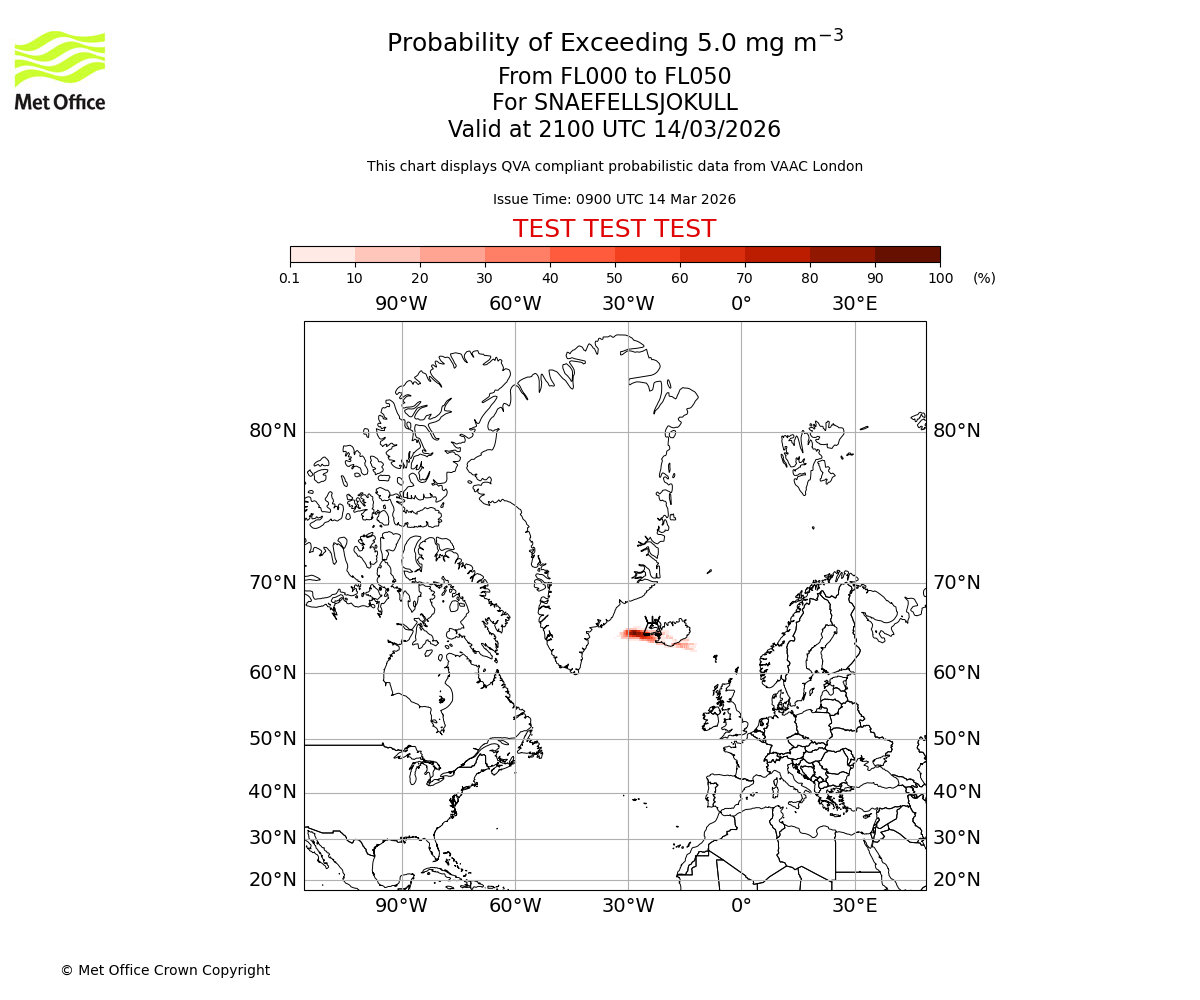 Probability of exceeding 5.0 milligrams per metre cubed. From 000 to 050 for SNAEFELLSJOKULL. Valid at 2100 UTC 14/03/2026
