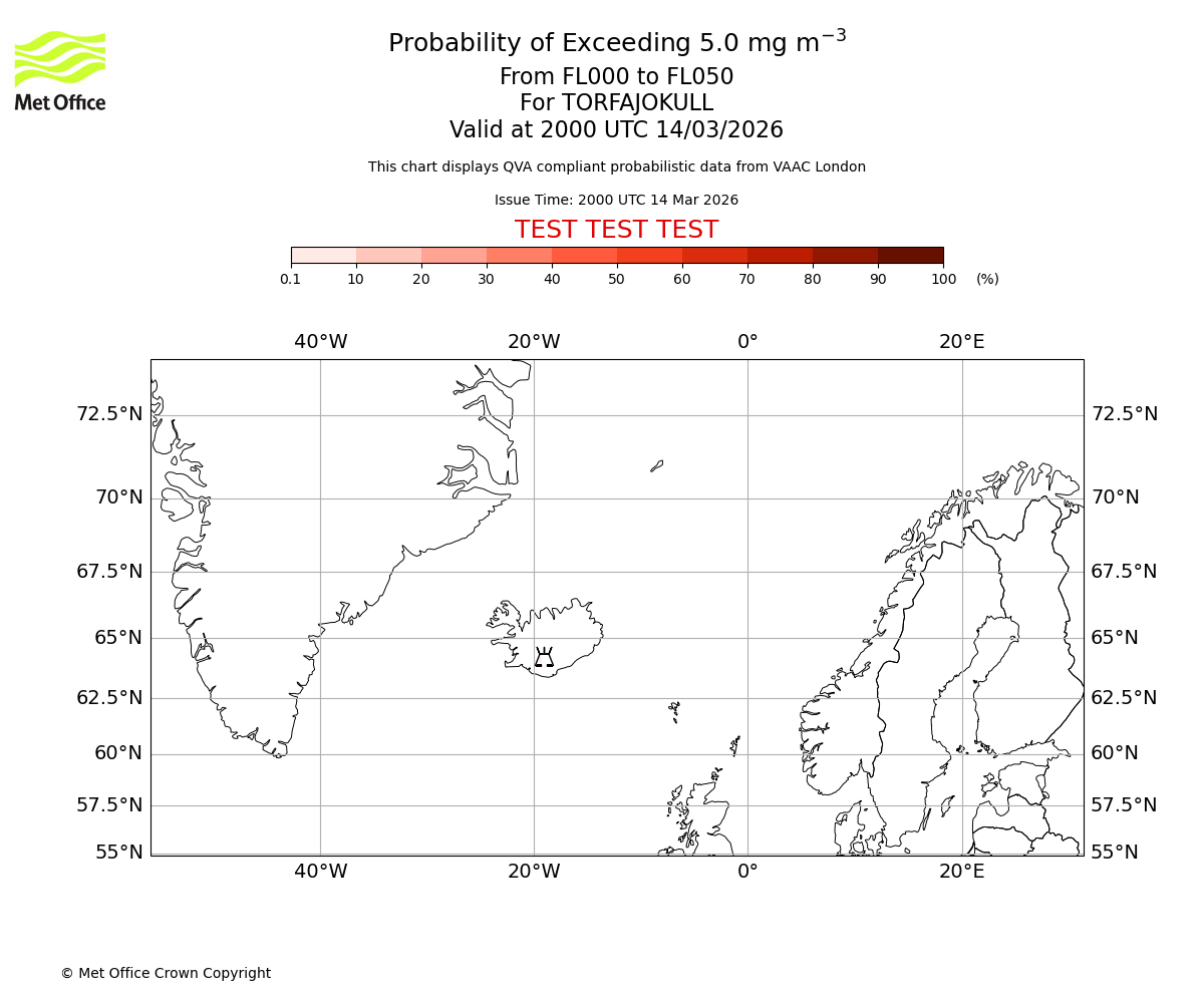 Probability of exceeding 5.0 milligrams per metre cubed. From 000 to 050 for TORFAJOKULL. Valid at 2000 UTC 14/03/2026