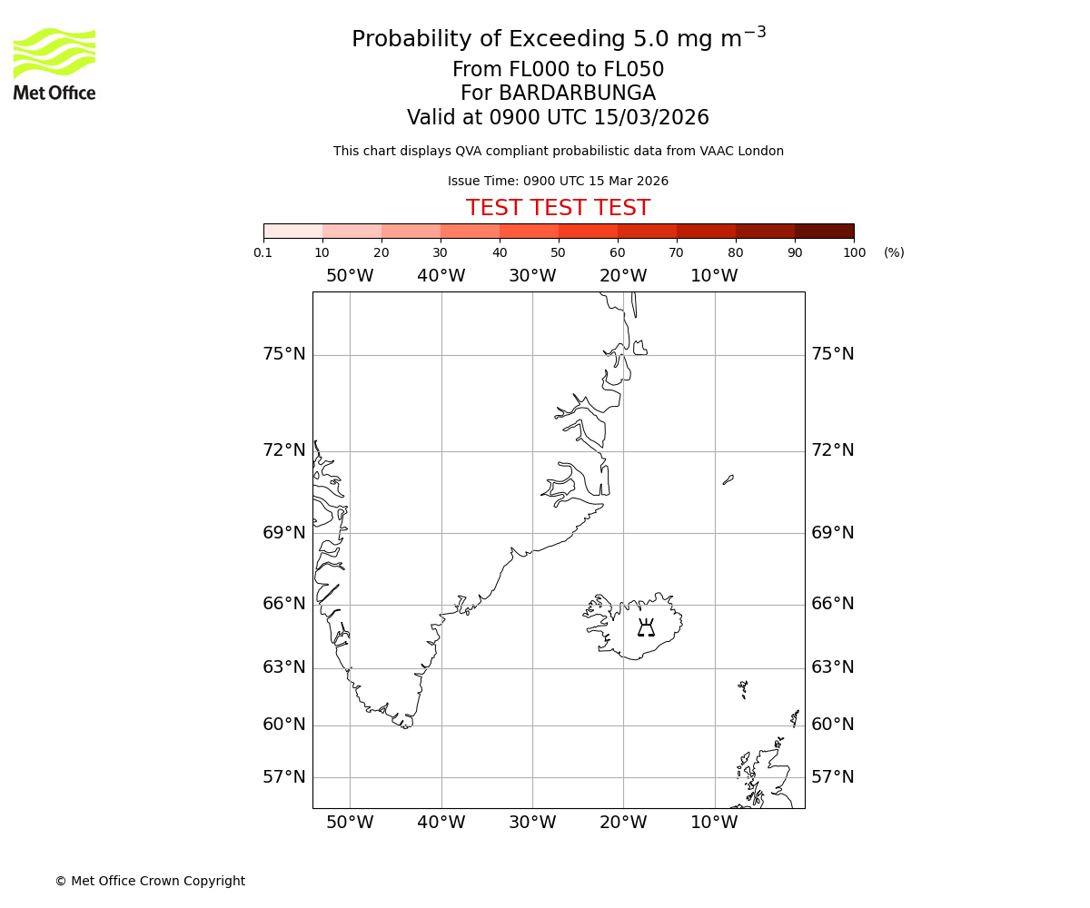 Probability of exceeding 5.0 milligrams per metre cubed. From 000 to 050 for BARDARBUNGA. Valid at 0900 UTC 15/03/2026