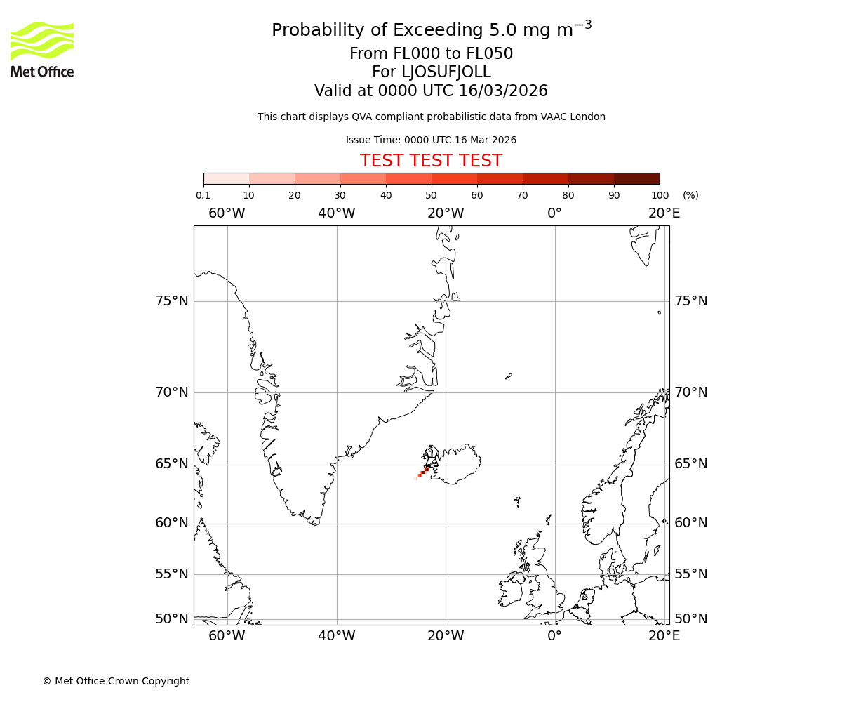 Probability of exceeding 5.0 milligrams per metre cubed. From 000 to 050 for LJOSUFJOLL. Valid at 0000 UTC 16/03/2026