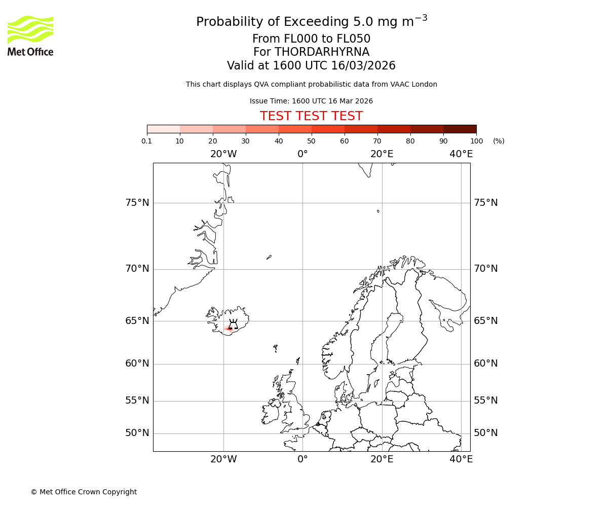 Probability of exceeding 5.0 milligrams per metre cubed. From 000 to 050 for THORDARHYRNA. Valid at 1600 UTC 16/03/2026