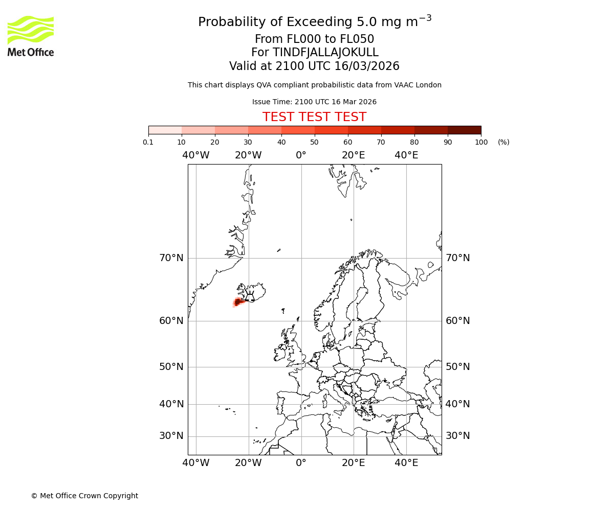 Probability of exceeding 5.0 milligrams per metre cubed. From 000 to 050 for TINDFJALLAJOKULL. Valid at 2100 UTC 16/03/2026