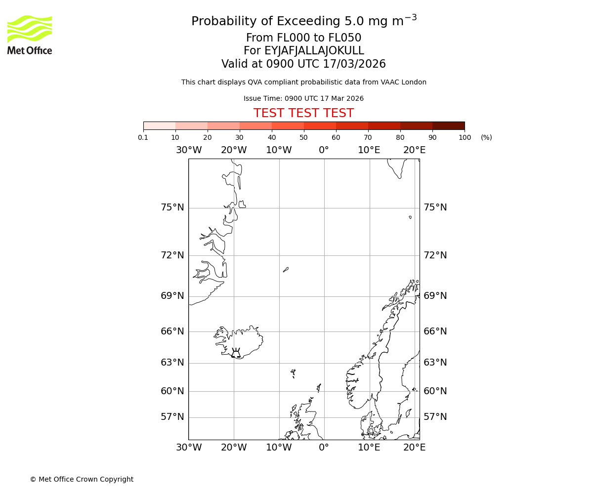 Probability of exceeding 5.0 milligrams per metre cubed. From 000 to 050 for EYJAFJALLAJOKULL. Valid at 0900 UTC 17/03/2026