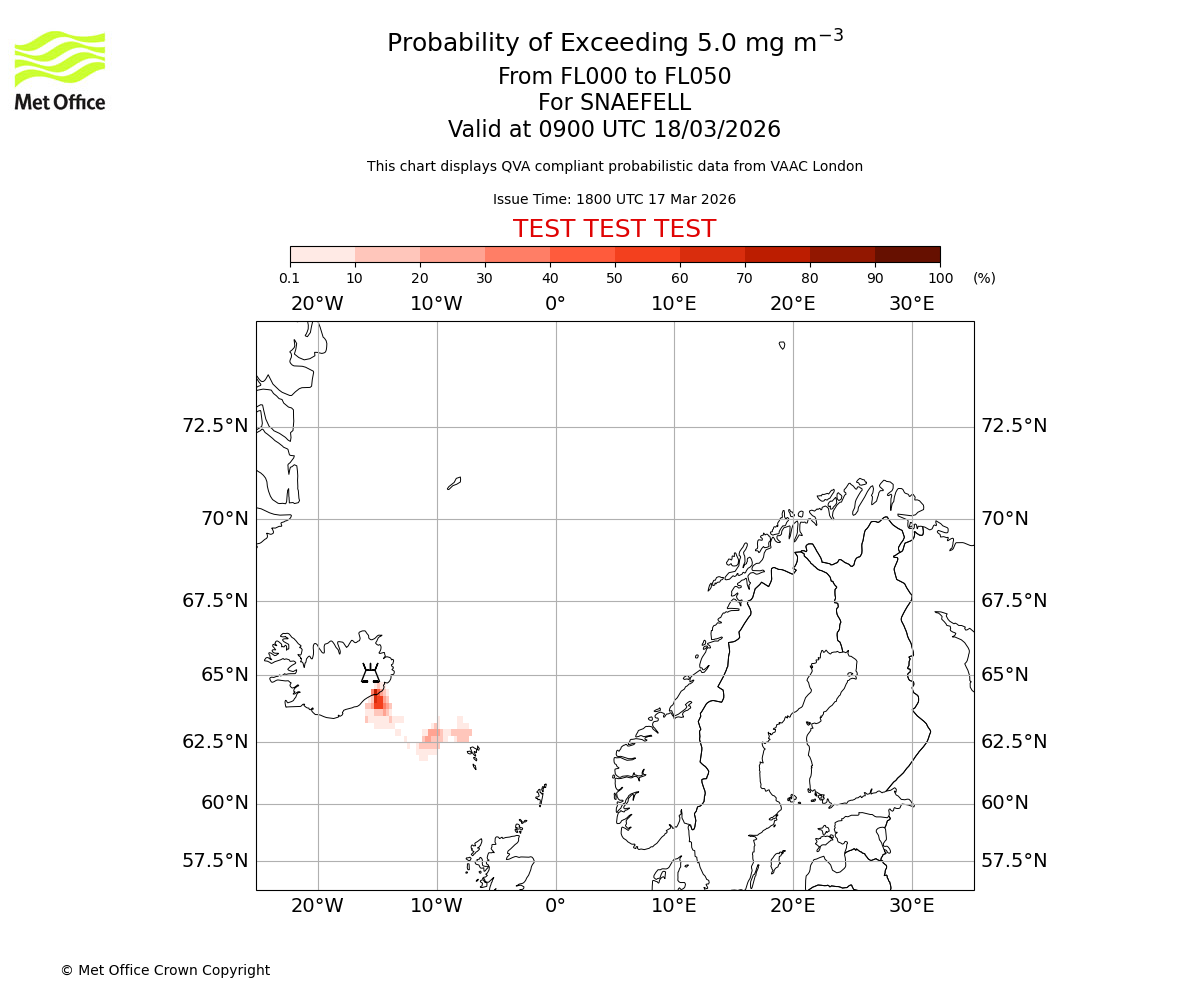 Probability of exceeding 5.0 milligrams per metre cubed. From 000 to 050 for SNAEFELL. Valid at 0900 UTC 18/03/2026