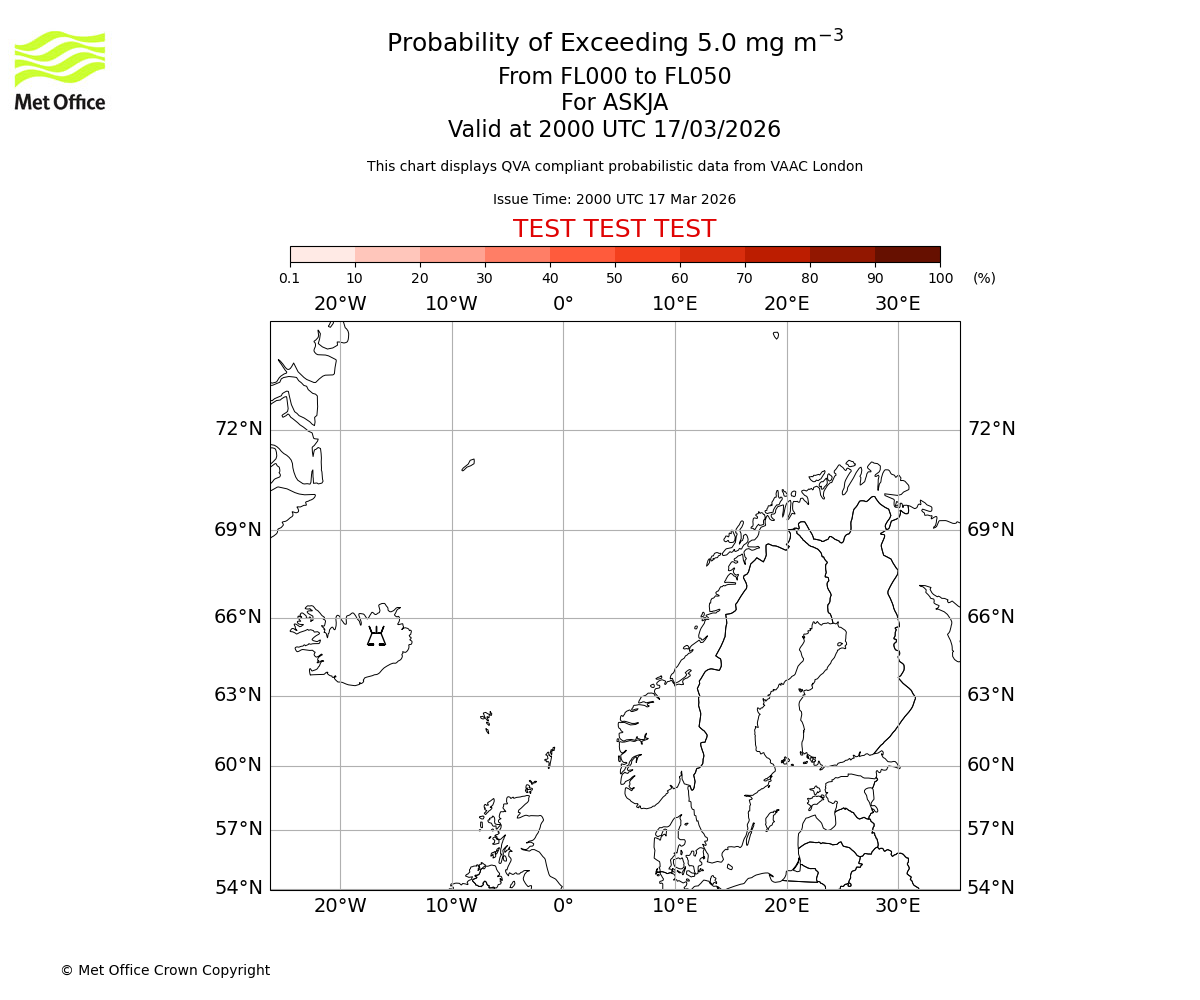 Probability of exceeding 5.0 milligrams per metre cubed. From 000 to 050 for ASKJA. Valid at 2000 UTC 17/03/2026