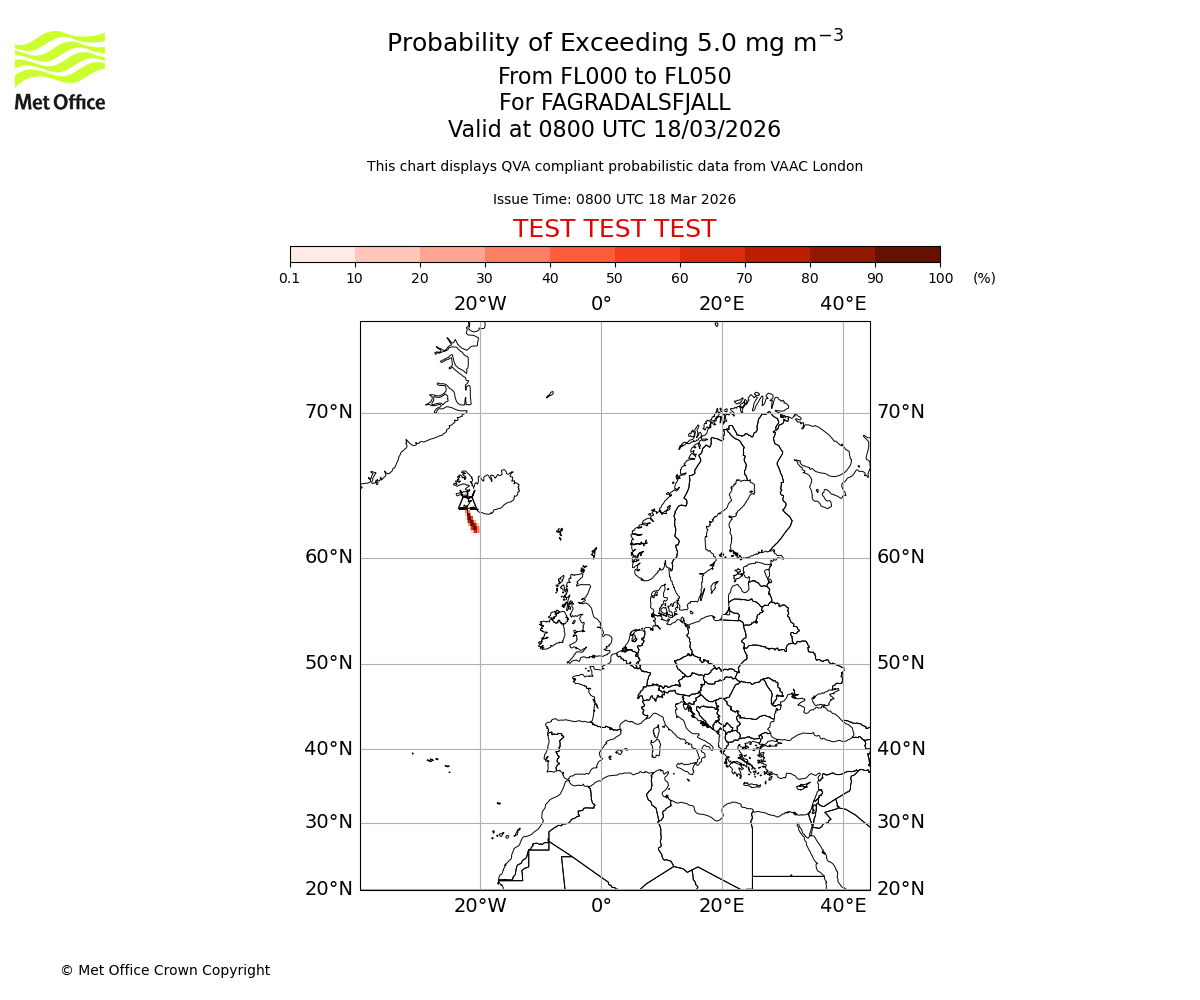 Probability of exceeding 5.0 milligrams per metre cubed. From 000 to 050 for FAGRADALSFJALL. Valid at 0800 UTC 18/03/2026