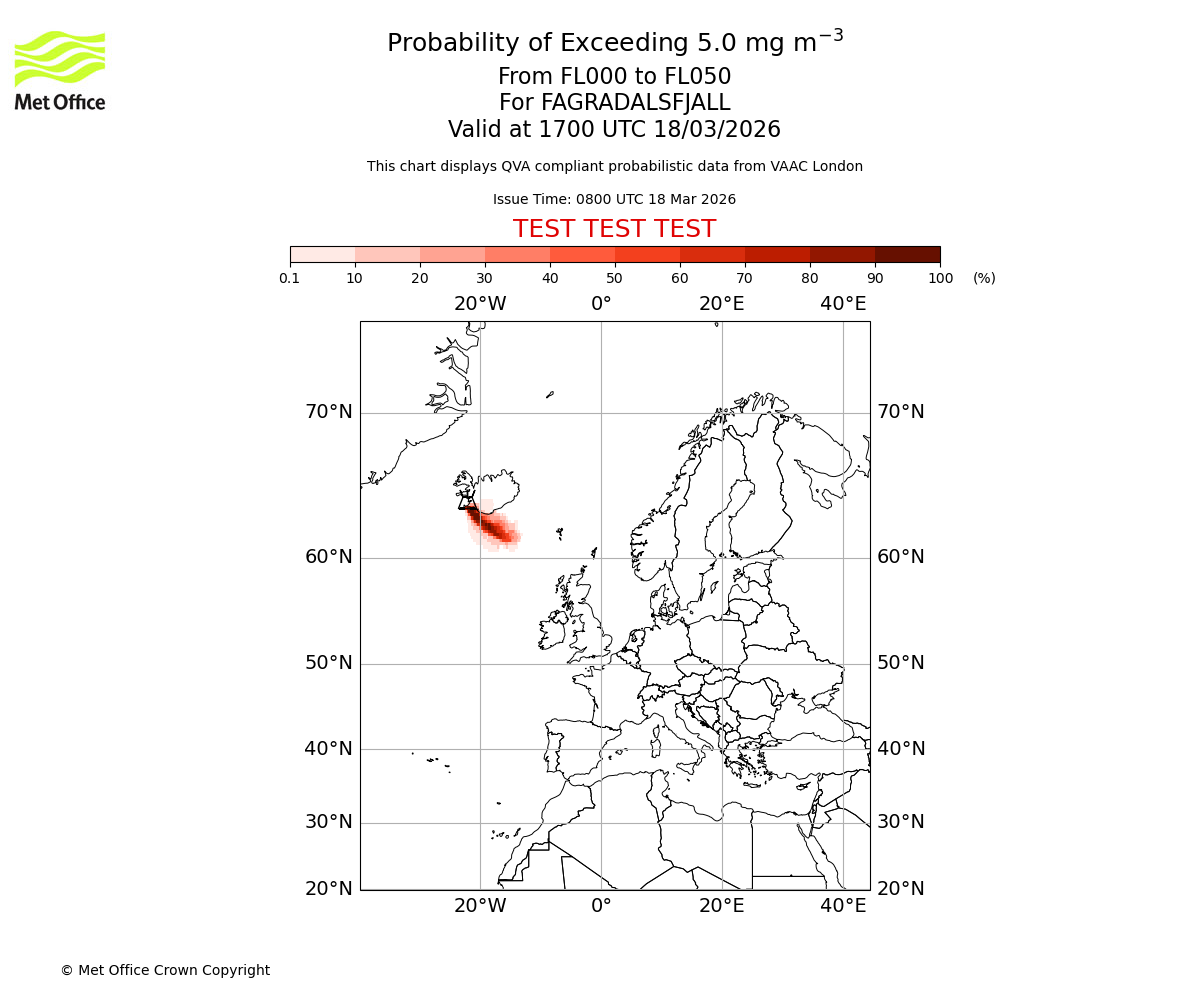 Probability of exceeding 5.0 milligrams per metre cubed. From 000 to 050 for FAGRADALSFJALL. Valid at 1700 UTC 18/03/2026