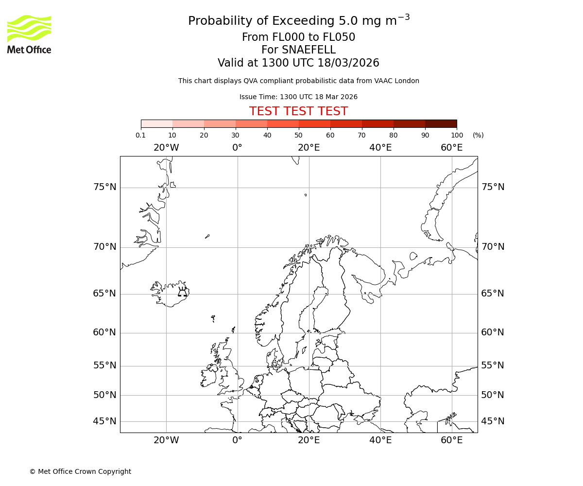 Probability of exceeding 5.0 milligrams per metre cubed. From 000 to 050 for SNAEFELL. Valid at 1300 UTC 18/03/2026